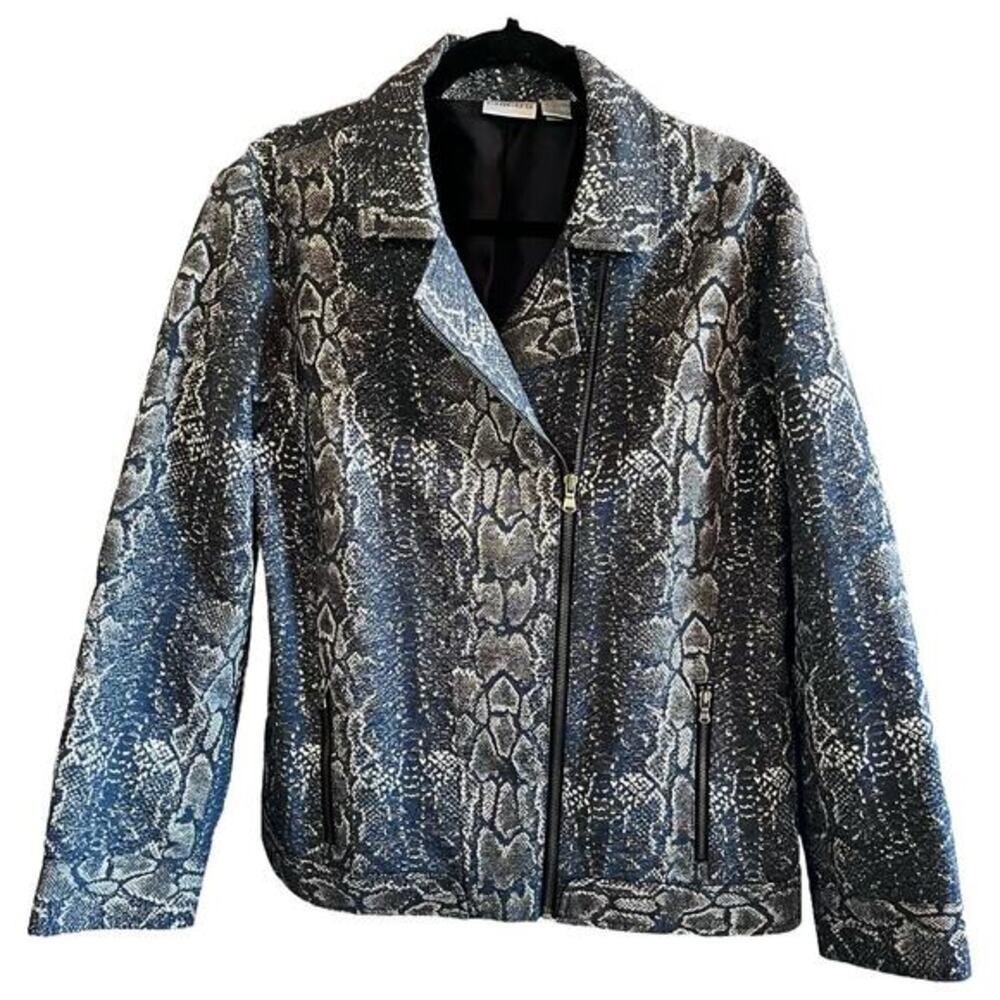 Chicos Gray Snakeskin Metallic Moto Jacket Size 3 L/XL Full Zip (J-278)
